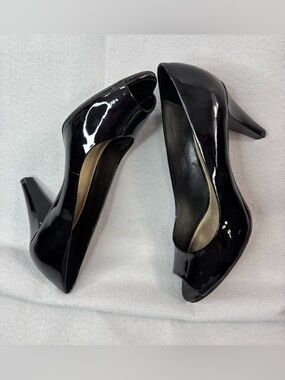 ANTONIO MELANI 8.5 Workwear Black Patent Leather Formal Peep-Toe Pumps